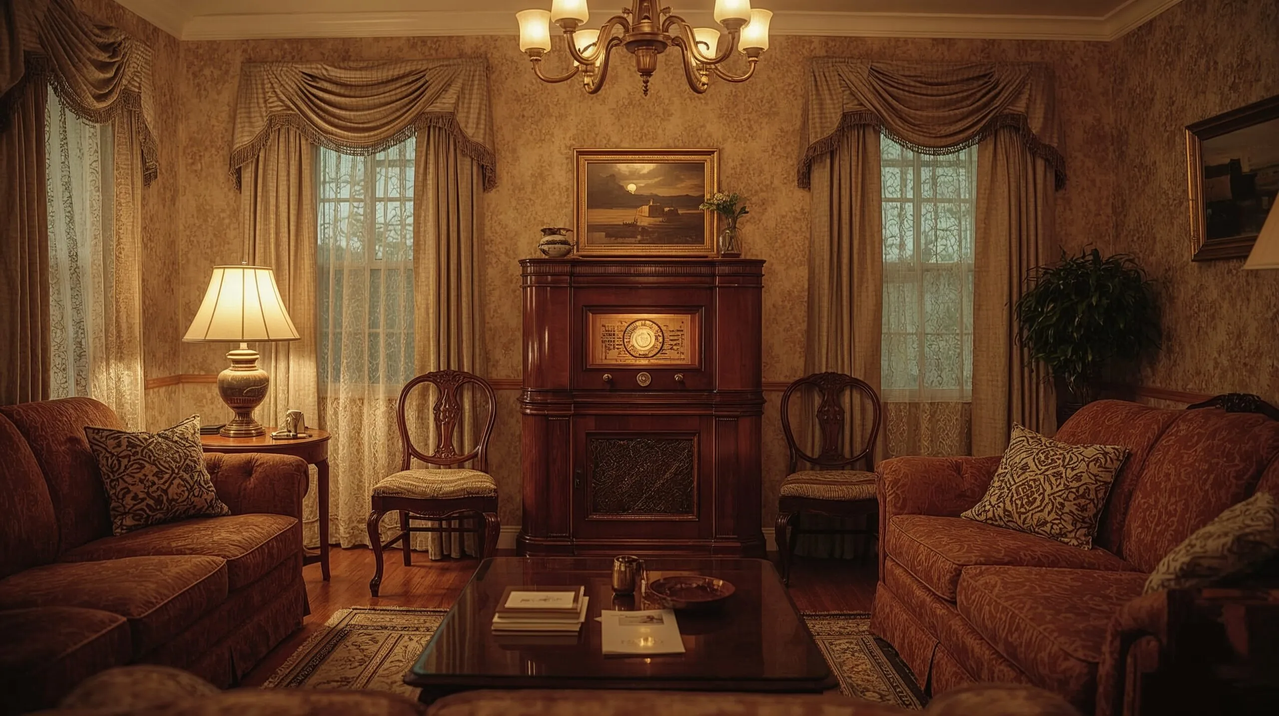 A 1930s family gathered around a wooden radio — the new technology of the era