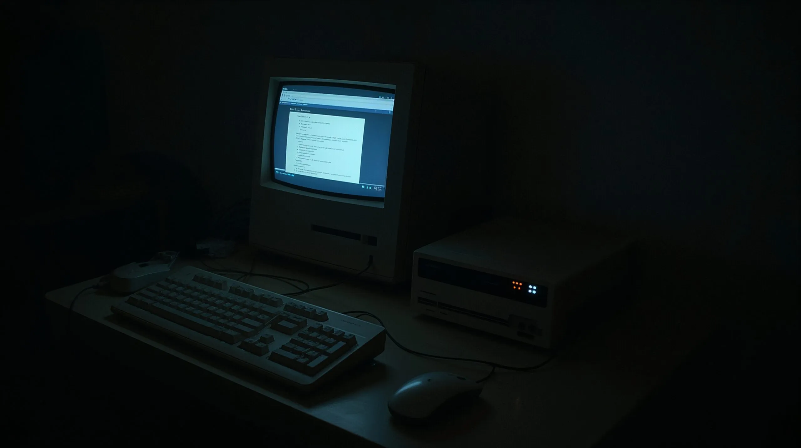 A late 1990s desktop computer glowing in a dark room — the early internet era
