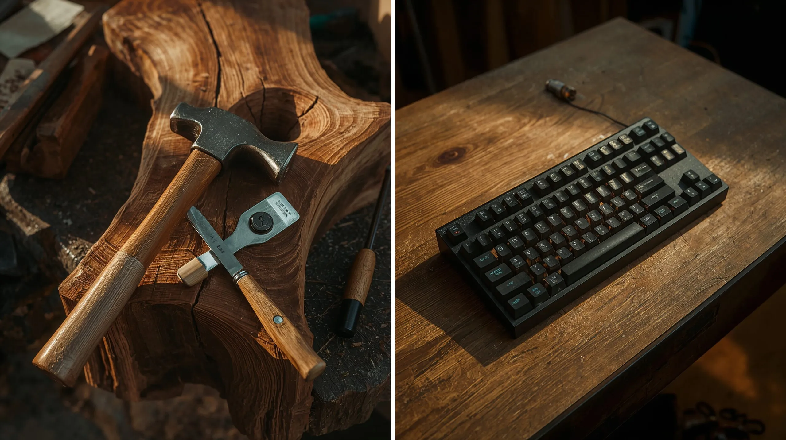 Hands building — old tools and new technology working together