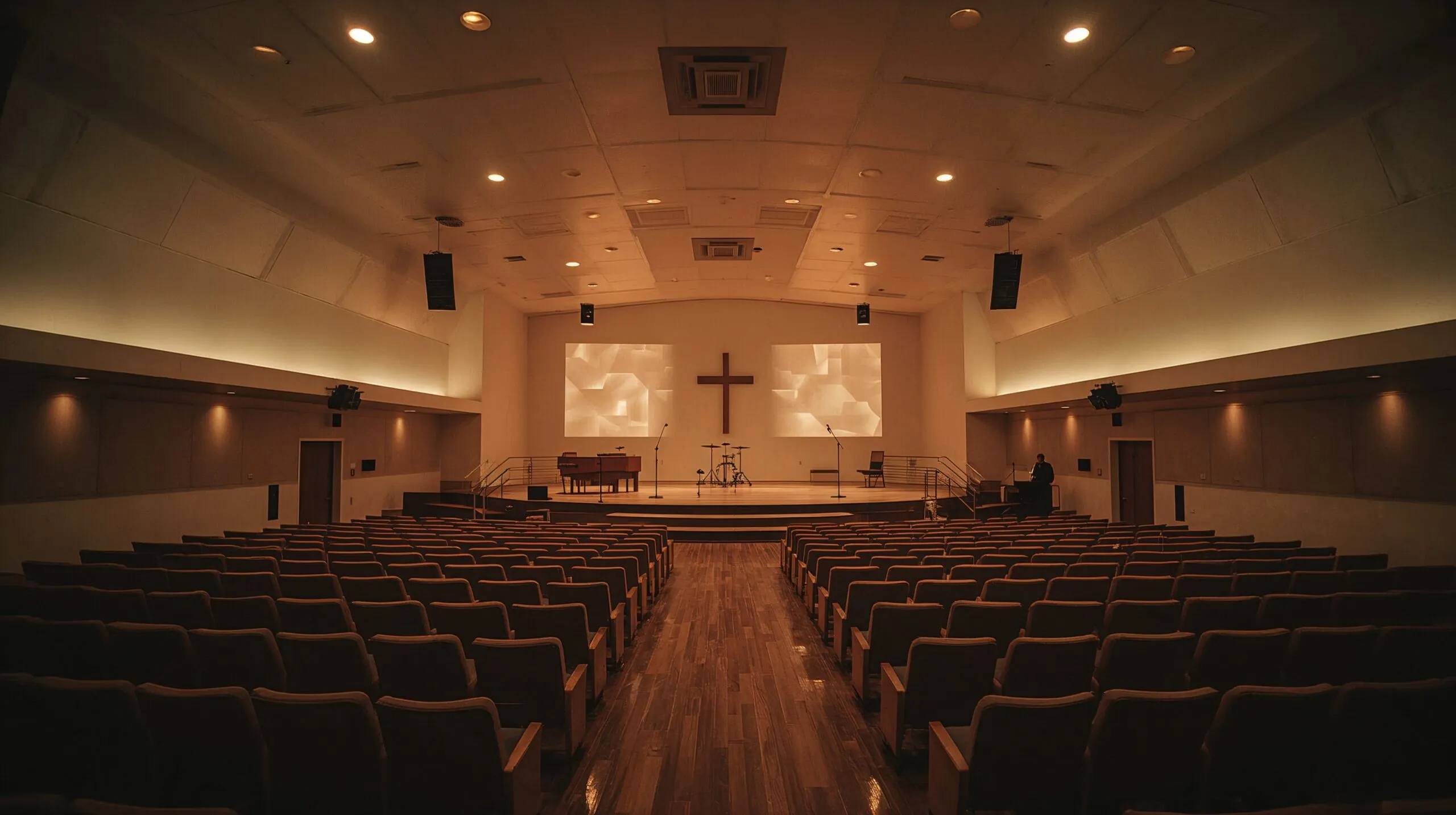 A modern church sanctuary with stained glass windows casting digital-patterned light