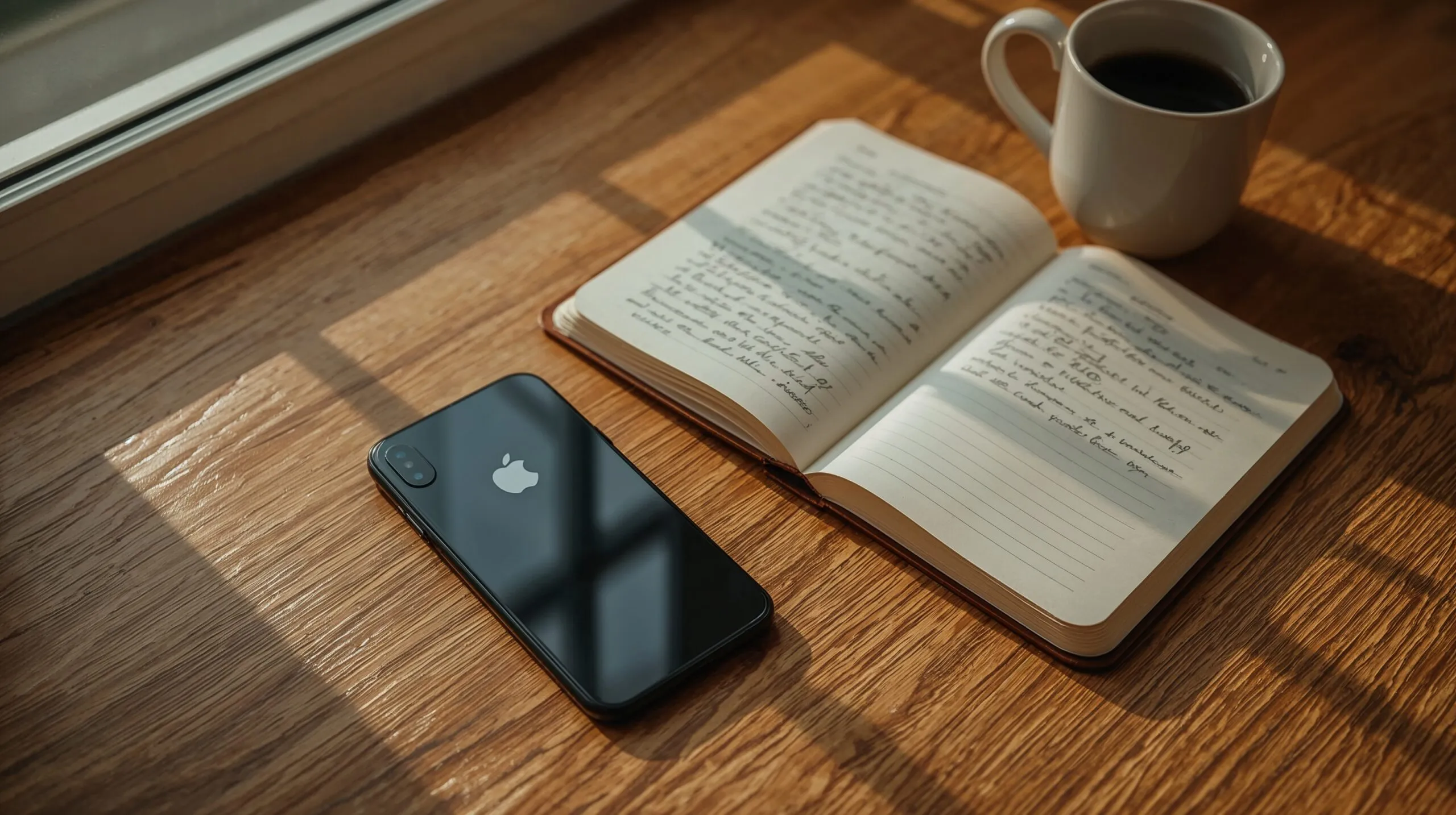 A phone set aside on a desk next to a journal — the first step of the reset
