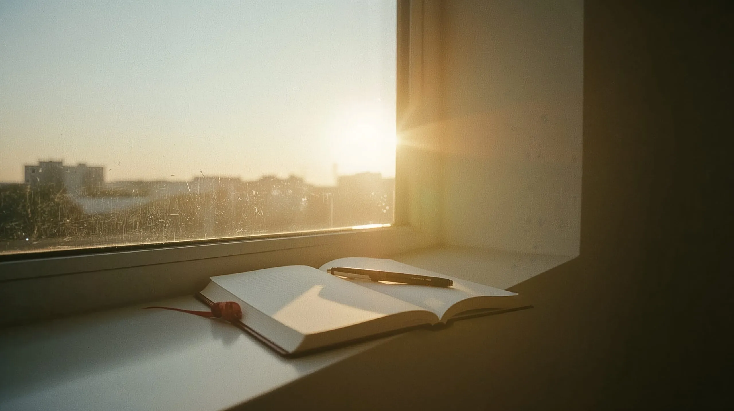 A sunrise through a window with a journal on the sill — the morning reset