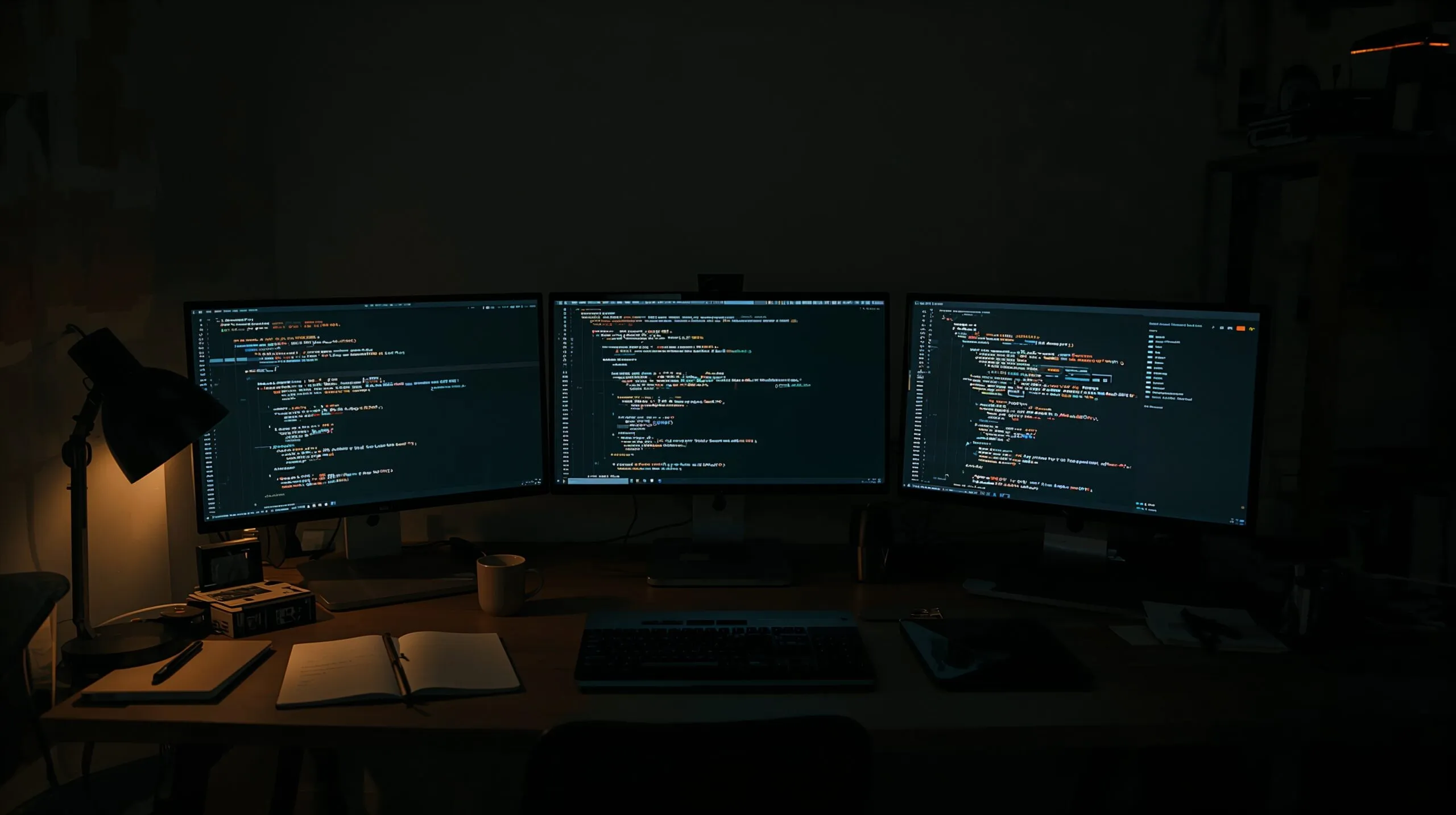 A workspace built for deep work — monitors, notebooks, and the tools of building something real