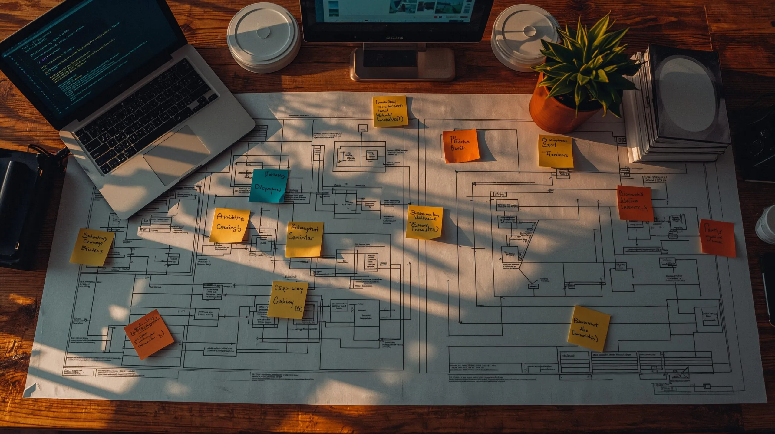 Architectural blueprints on a desk