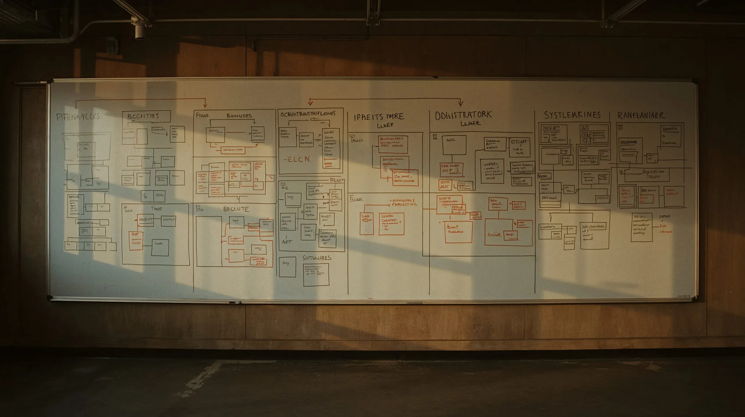 A massive whiteboard covered in system architecture diagrams