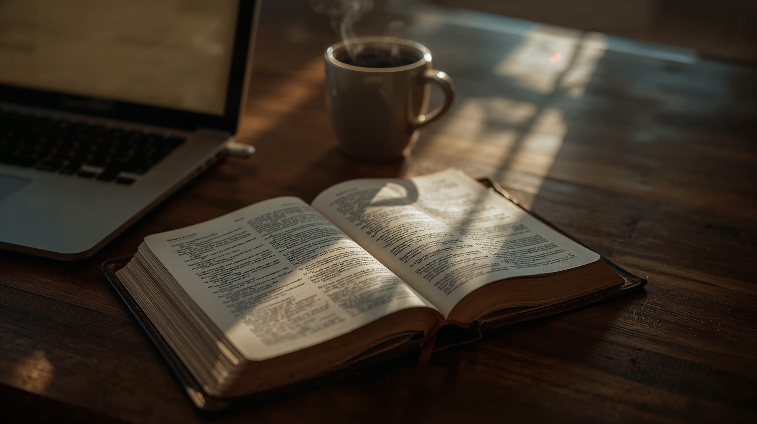 An open Bible on a desk — faith and work in the same space