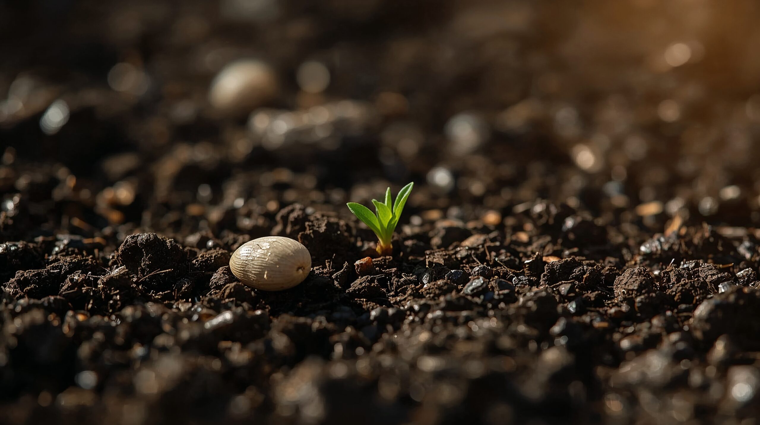 A single seed sprouting from dark soil — small beginnings, faithful growth