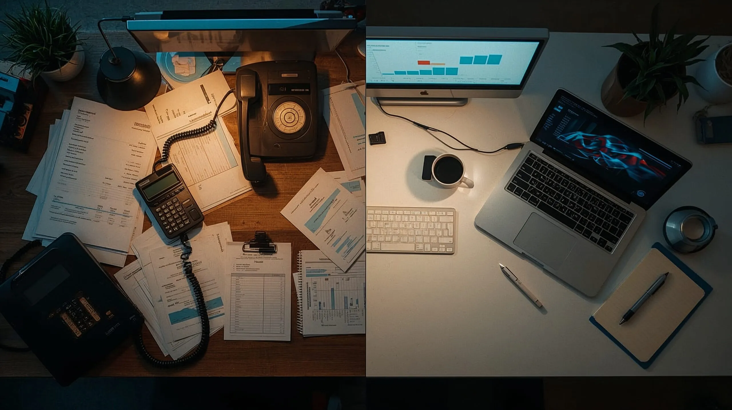 Two desks — one cluttered with time-for-money work, one clean with systems running